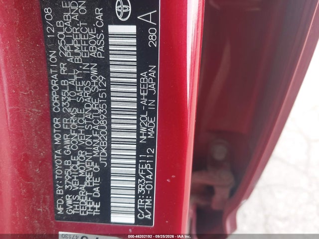 Aukcja sprzedaży 2009 Toyota Prius, vin: JTDKB20U893515129, numer aukcji: 46202192