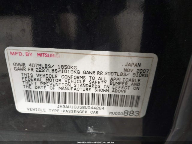 46202199 :رقم المزاد ، JA3AU16U58U044264 vin ، 2008 Mitsubishi Lancer De مزاد بيع