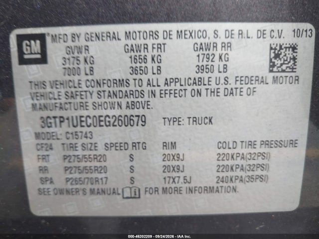2014 Gmc Sierra 1500 Sle მანქანა იყიდება აუქციონზე, vin: 3GTP1UEC0EG260679, აუქციონის ნომერი: 46202209