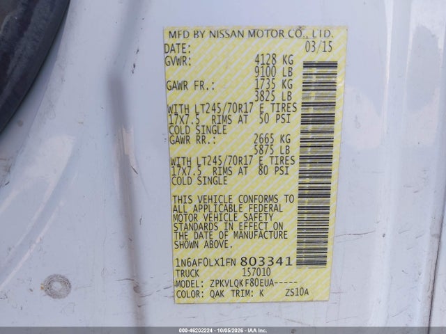 Продаж на аукціоні авто 2015 Nissan Nv Cargo Nv2500 Hd S V8/sl V8/sv V8, vin: 1N6AF0LX1FN803341, номер лоту: 46202224