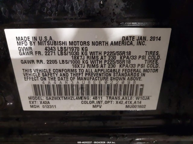2014 Mitsubishi Outlander Sport Es მანქანა იყიდება აუქციონზე, vin: 4A4AR3AU8EE022098, აუქციონის ნომერი: 46202227