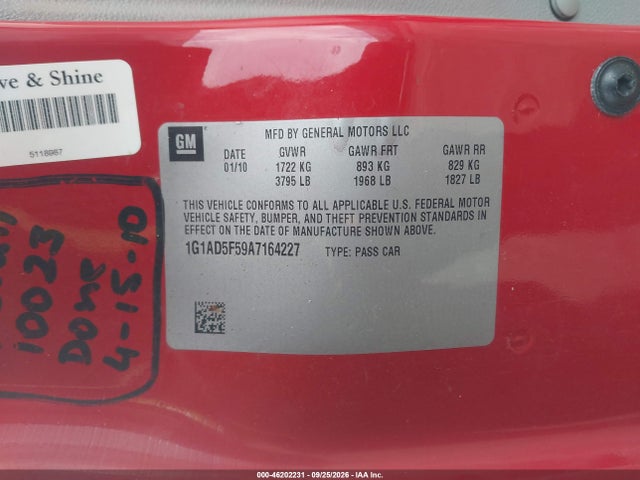 2010 Chevrolet Cobalt Lt მანქანა იყიდება აუქციონზე, vin: 1G1AD5F59A7164227, აუქციონის ნომერი: 46202231