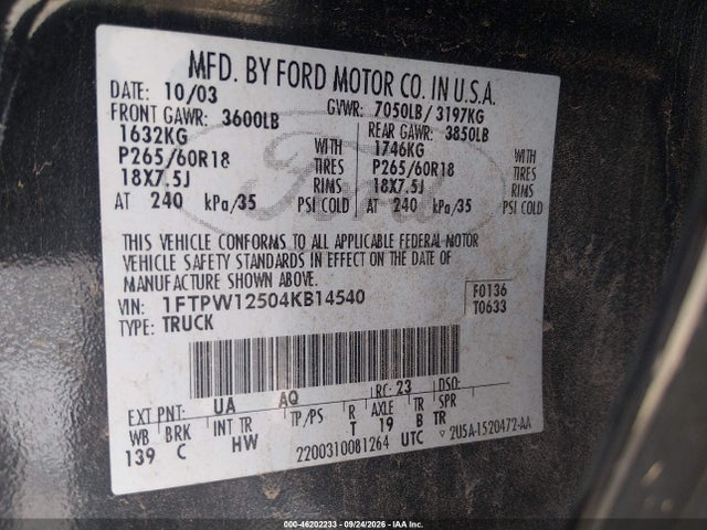 46202233 :رقم المزاد ، 1FTPW12504KB14540 vin ، 2004 Ford F-150 Lariat/xlt مزاد بيع