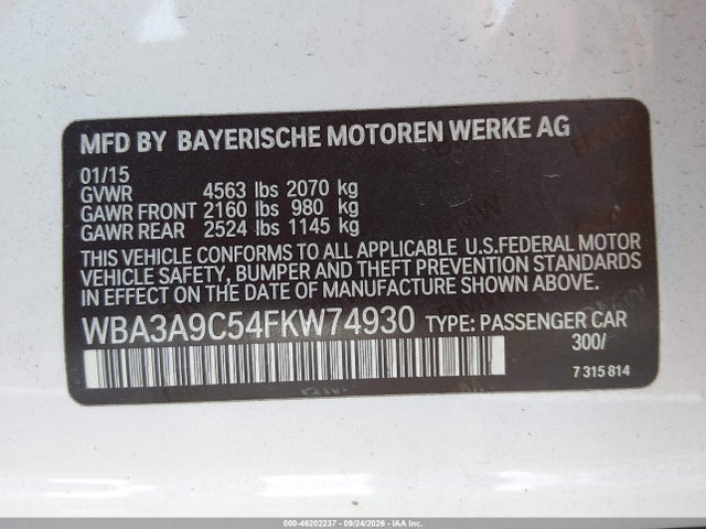 46202237 :رقم المزاد ، WBA3A9C54FKW74930 vin ، 2015 Bmw 3 Series 335i مزاد بيع