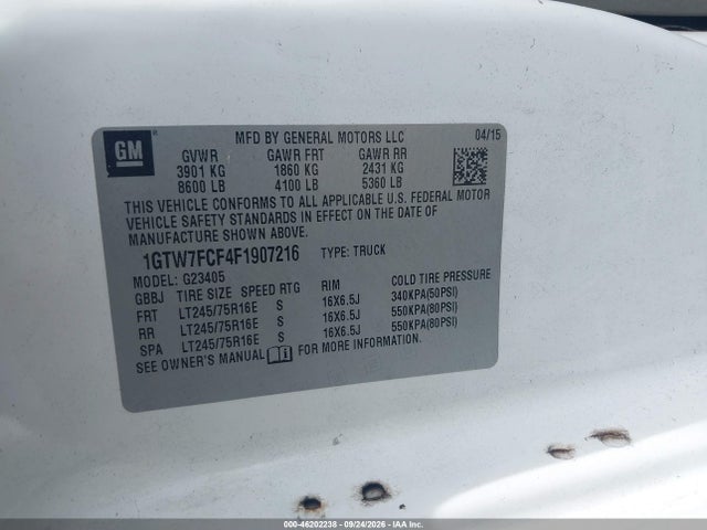 46202238 :رقم المزاد ، 1GTW7FCF4F1907216 vin ، 2015 Gmc Savana 2500 Work Van مزاد بيع