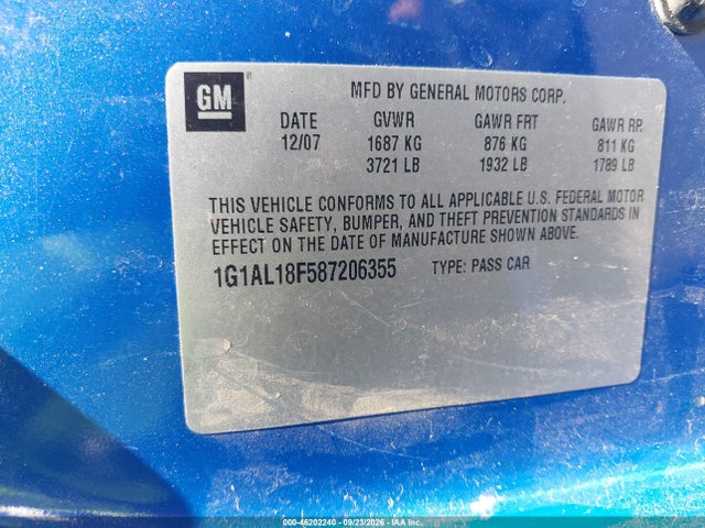 46202240 :رقم المزاد ، 1G1AL18F587206355 vin ، 2008 Chevrolet Cobalt Lt مزاد بيع