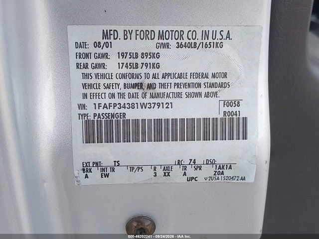 Продажа на аукционе авто 2001 Ford Focus Se, vin: 1FAFP34381W379121, номер лота: 46202241