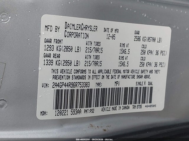 2006 Chrysler Town & Country Lx მანქანა იყიდება აუქციონზე, vin: 2A4GP44R96R753383, აუქციონის ნომერი: 46202251