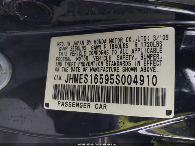 Aukcja sprzedaży 2005 Honda Civic Lx, vin: JHMES16595S004910, numer aukcji: 46202252