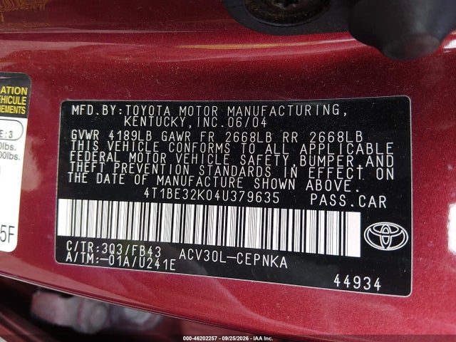 Продаж на аукціоні авто 2004 Toyota Camry Le, vin: 4T1BE32K04U379635, номер лоту: 46202257