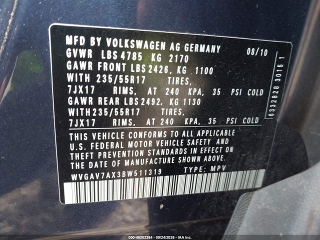 2011 Volkswagen Tiguan Se მანქანა იყიდება აუქციონზე, vin: WVGAV7AX3BW511319, აუქციონის ნომერი: 46202264