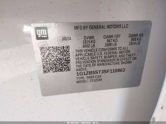 2025 Chevrolet Malibu Fwd Ls მანქანა იყიდება აუქციონზე, vin: 1G1ZB5ST3SF110863, აუქციონის ნომერი: 46202269