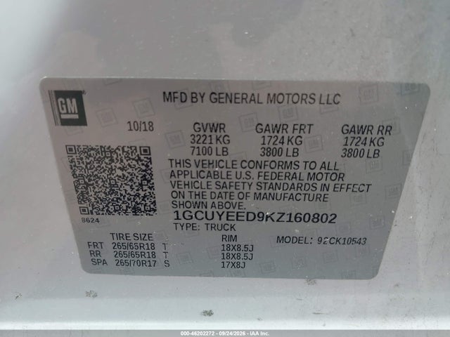 Aukcja sprzedaży 2019 Chevrolet Silverado 1500 Rst, vin: 1GCUYEED9KZ160802, numer aukcji: 46202272