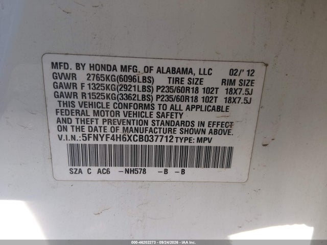 Aukcja sprzedaży 2012 Honda Pilot Ex-l, vin: 5FNYF4H6XCB037712, numer aukcji: 46202273