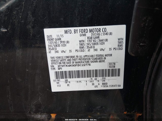 Продаж на аукціоні авто 2015 Ford Edge Titanium, vin: 2FMTK4K90FBC22776, номер лоту: 46202279