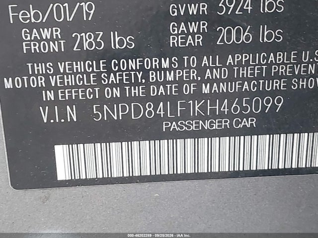 Продажа на аукционе авто 2019 Hyundai Elantra Sel, vin: 5NPD84LF1KH465099, номер лота: 46202289