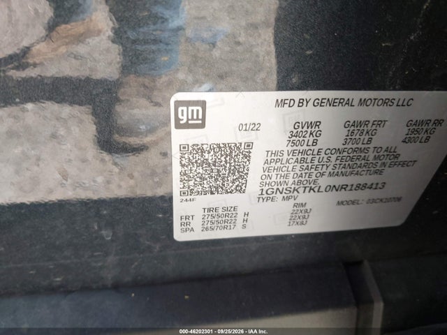 2022 Chevrolet Tahoe 4wd High Country მანქანა იყიდება აუქციონზე, vin: 1GNSKTKL0NR188413, აუქციონის ნომერი: 46202301