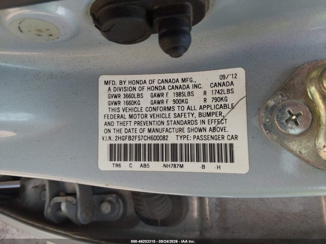 46202310 :رقم المزاد ، 2HGFB2F57CH600082 vin ، 2012 Honda Civic Sdn Lx مزاد بيع
