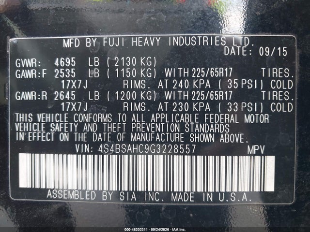 2016 Subaru Outback 2.5i Premium მანქანა იყიდება აუქციონზე, vin: 4S4BSAHC9G3228557, აუქციონის ნომერი: 46202311