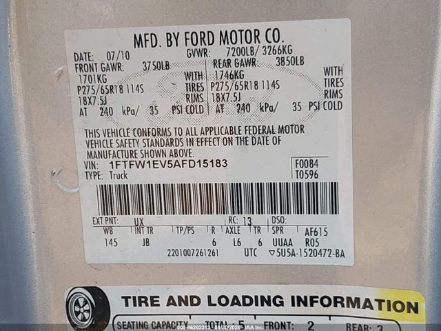 Продаж на аукціоні авто 2010 Ford F-150 Fx4/harley-davidson/king Ranch/lariat/platinum/xl/xlt, vin: 1FTFW1EV5AFD15183, номер лоту: 46202313