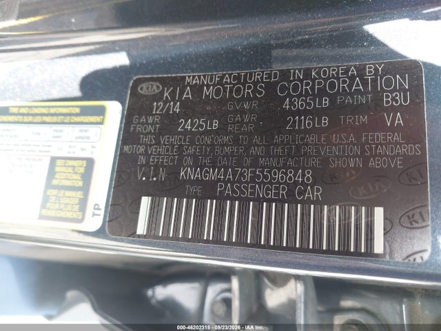 2015 Kia Optima Lx მანქანა იყიდება აუქციონზე, vin: KNAGM4A73F5596848, აუქციონის ნომერი: 46202315