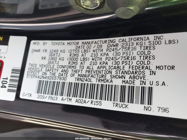 46202320 :رقم المزاد ، 5TEPX42N49Z657830 vin ، 2009 Toyota Tacoma مزاد بيع