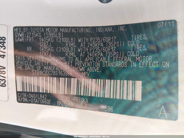 Aukcja sprzedaży 2011 Toyota Sienna Xle V6, vin: 5TDYK3DC7BS163988, numer aukcji: 46202331