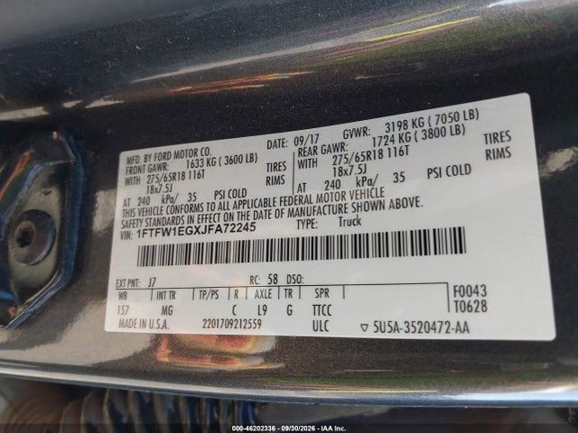46202336 :رقم المزاد ، 1FTFW1EGXJFA72245 vin ، 2018 Ford F-150 Xlt مزاد بيع