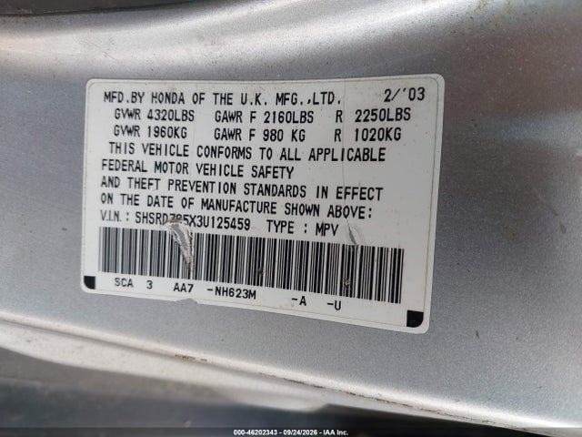46202343 :رقم المزاد ، SHSRD785X3U125459 vin ، 2003 Honda Cr-v Lx مزاد بيع