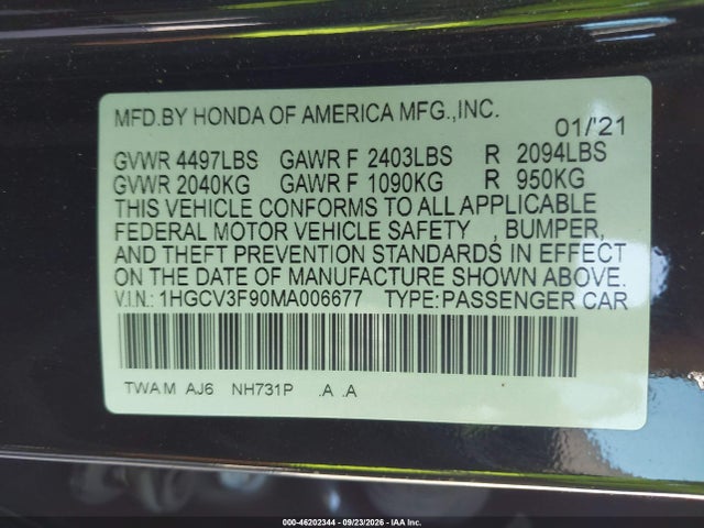 Aukcja sprzedaży 2021 Honda Accord Hybrid Touring, vin: 1HGCV3F90MA006677, numer aukcji: 46202344