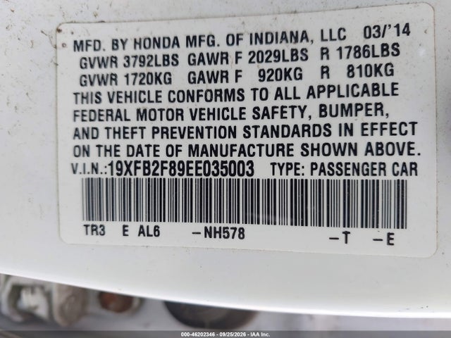 2014 Honda Civic Ex მანქანა იყიდება აუქციონზე, vin: 19XFB2F89EE035003, აუქციონის ნომერი: 46202346