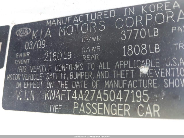 Auction sale of the 2010 Kia Forte Lx, vin: KNAFT4A27A5047195, lot number: 46202347