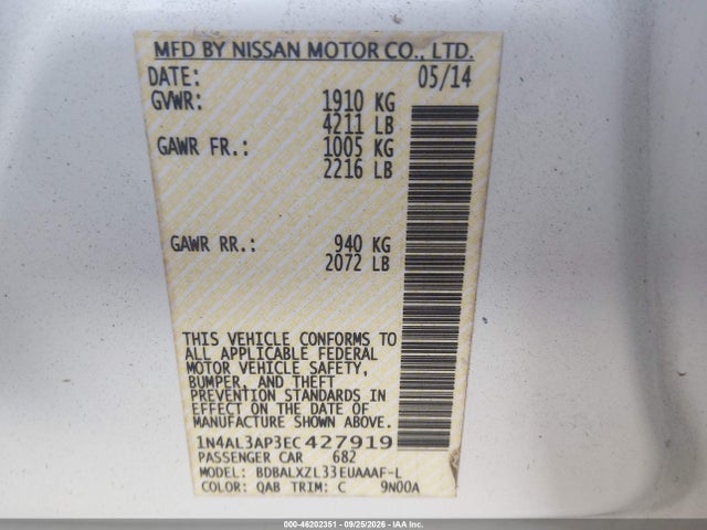 Aukcja sprzedaży 2014 Nissan Altima 2.5 Sl, vin: 1N4AL3AP3EC427919, numer aukcji: 46202351