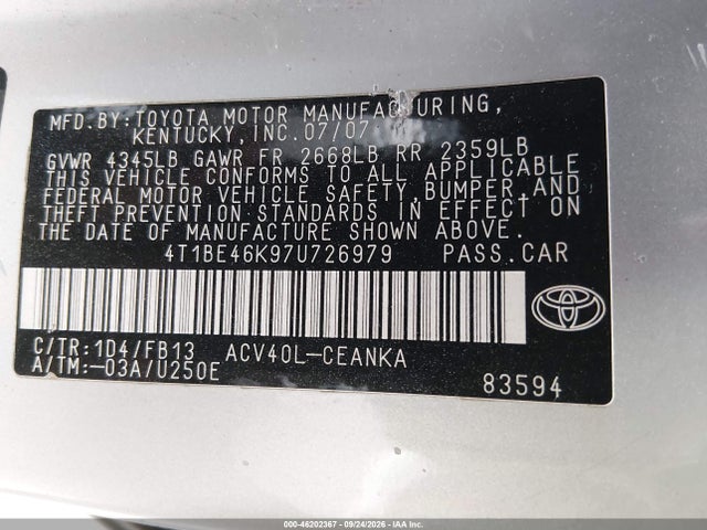 46202367 :رقم المزاد ، 4T1BE46K97U726979 vin ، 2007 Toyota Camry Ce مزاد بيع