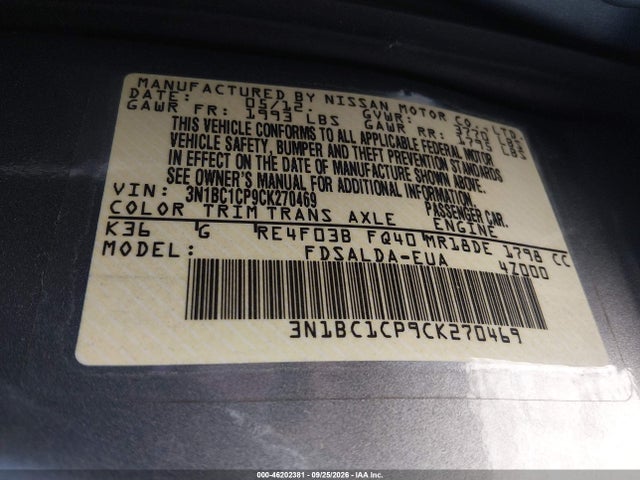 46202381 :رقم المزاد ، 3N1BC1CP9CK270469 vin ، 2012 Nissan Versa 1.8 S مزاد بيع