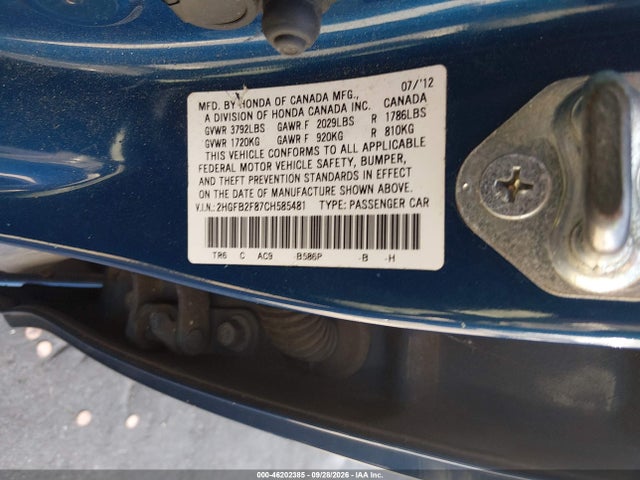 Aukcja sprzedaży 2012 Honda Civic Sdn Ex, vin: 2HGFB2F87CH585481, numer aukcji: 46202385