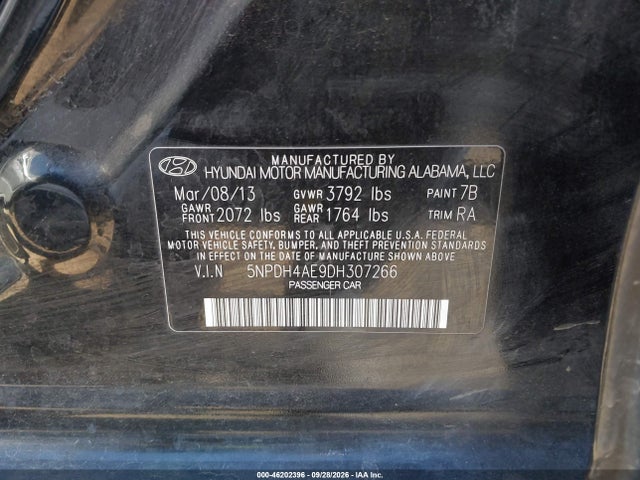 2013 Hyundai Elantra Gls მანქანა იყიდება აუქციონზე, vin: 5NPDH4AE9DH307266, აუქციონის ნომერი: 46202396