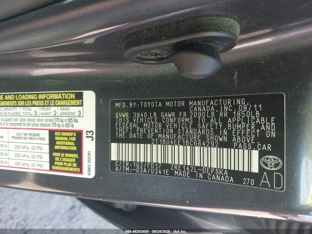46202400 :رقم المزاد ، 2T1BU4EE1BC664292 vin ، 2011 Toyota Corolla S مزاد بيع