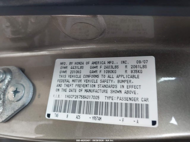 2008 Honda Accord Sdn Ex მანქანა იყიდება აუქციონზე, vin: 1HGCP26758A017005, აუქციონის ნომერი: 46202401