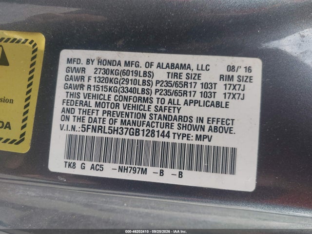Aukcja sprzedaży 2016 Honda Odyssey Se, vin: 5FNRL5H37GB128144, numer aukcji: 46202410