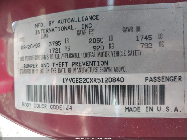 46202413 :رقم المزاد ، 1YVGE22CXR5120840 vin ، 1994 Mazda 626 Dx/lx مزاد بيع