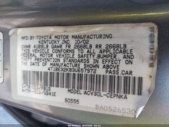 Aukcja sprzedaży 2003 Toyota Camry Le, vin: 4T1BE32K83U657972, numer aukcji: 46202415