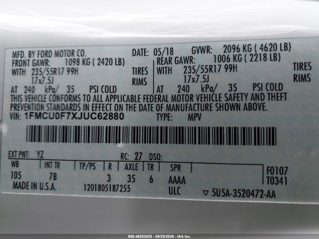 46202428 :رقم المزاد ، 1FMCU0F7XJUC62880 vin ، 2018 Ford Escape S مزاد بيع