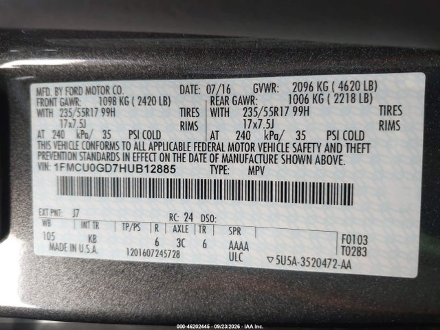 Продажа на аукционе авто 2017 Ford Escape Se, vin: 1FMCU0GD7HUB12885, номер лота: 46202445