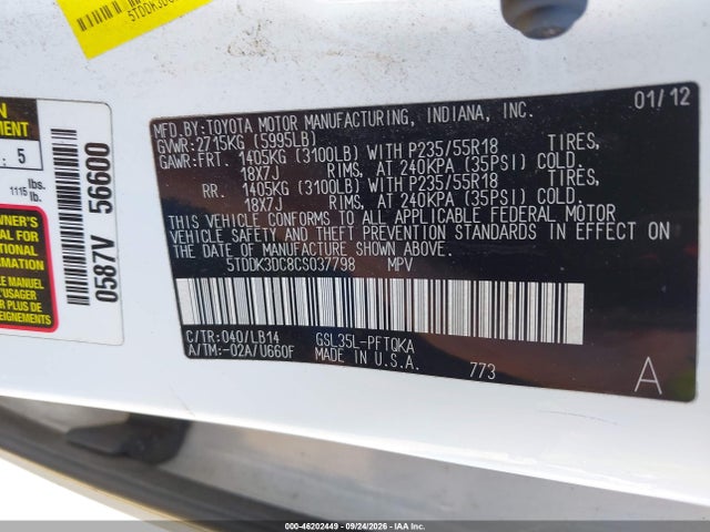 Aukcja sprzedaży 2012 Toyota Sienna Xle 7 Passenger, vin: 5TDDK3DC8CS037798, numer aukcji: 46202449