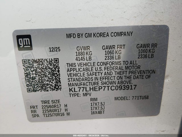 Aukcja sprzedaży 2026 Chevrolet Trax Fwd Lt, vin: KL77LHEP7TC093917, numer aukcji: 46202451