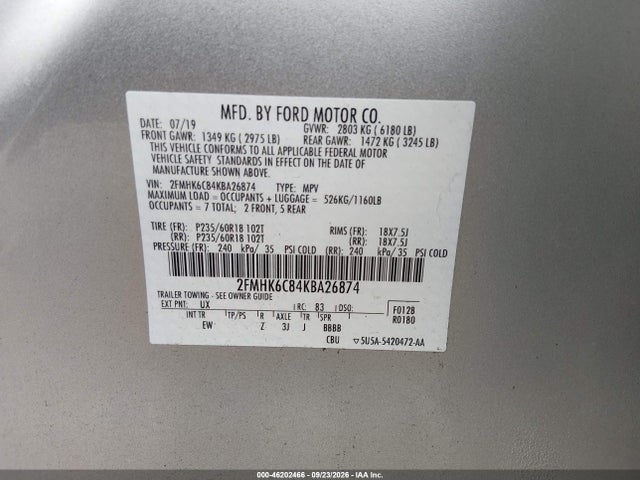 Продаж на аукціоні авто 2019 Ford Flexibilidad Sel, vin: 2FMHK6C84KBA26874, номер лоту: 46202466