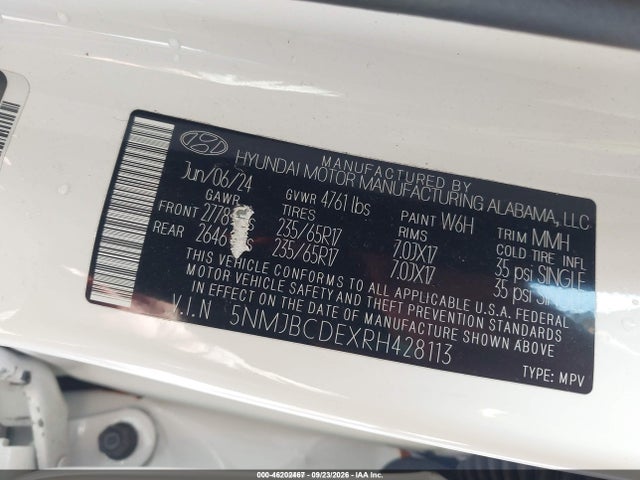 Aukcja sprzedaży 2024 Hyundai Tucson Sel, vin: 5NMJBCDEXRH428113, numer aukcji: 46202467