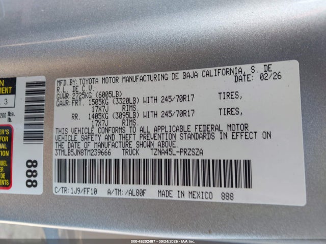 Продажа на аукционе авто 2026 Toyota Tacoma Sr5, vin: 3TMLB5JN8TM239666, номер лота: 46202487