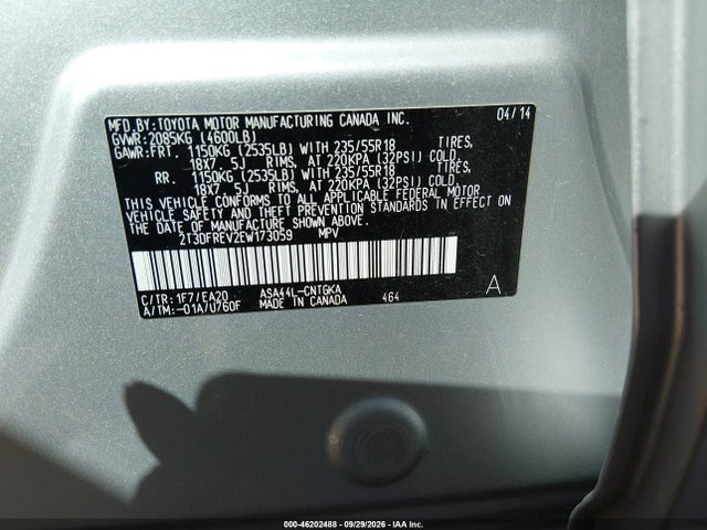 46202488 :رقم المزاد ، 2T3DFREV2EW173059 vin ، 2014 Toyota Rav4 Limited مزاد بيع